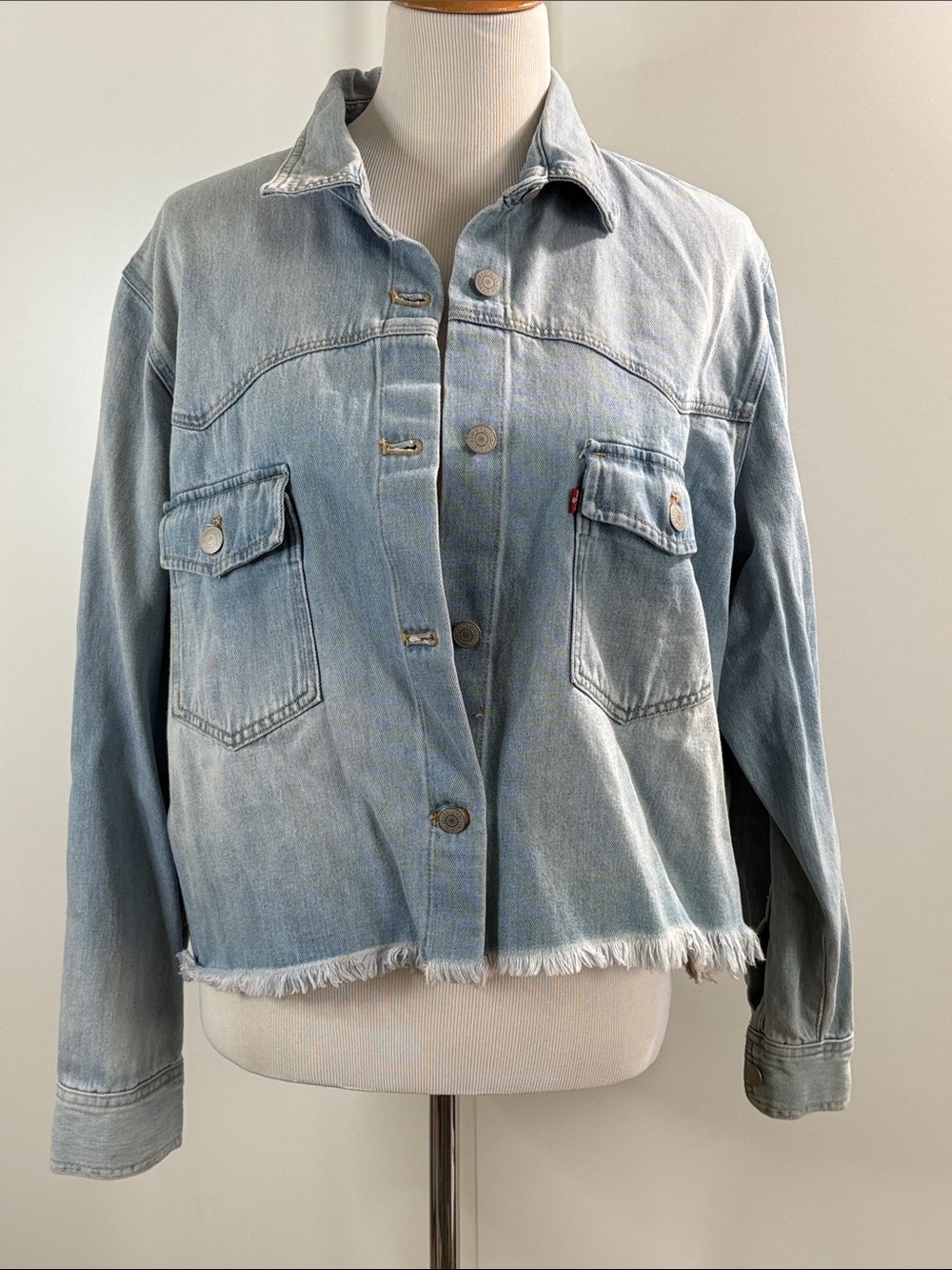 Levi's Light Blue Denim Cropped Jean Jacket with Frayed Hem L